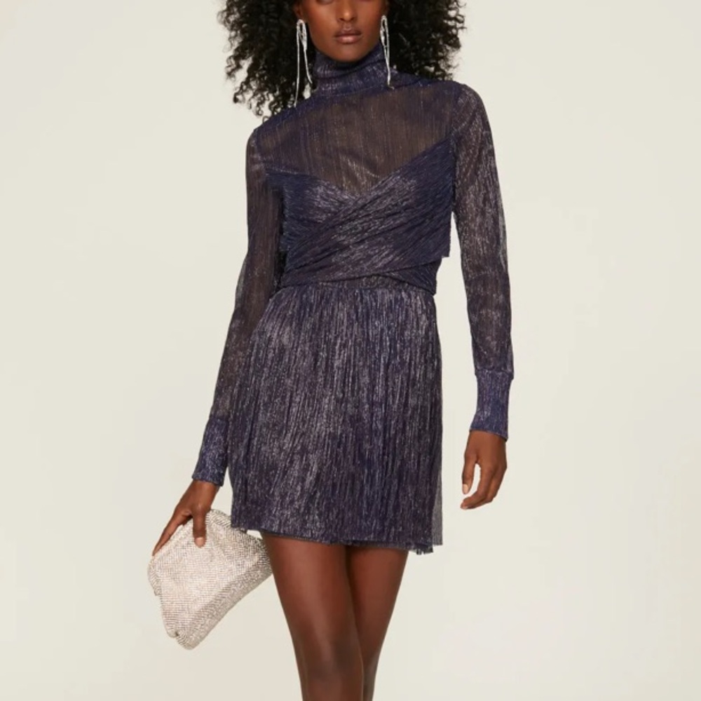 Sabina Musayev Adriana Metallic Sheer‎ Mini Dress Long-Sleeve Size XS